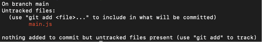 Example output of git status command. main.js file is not traced